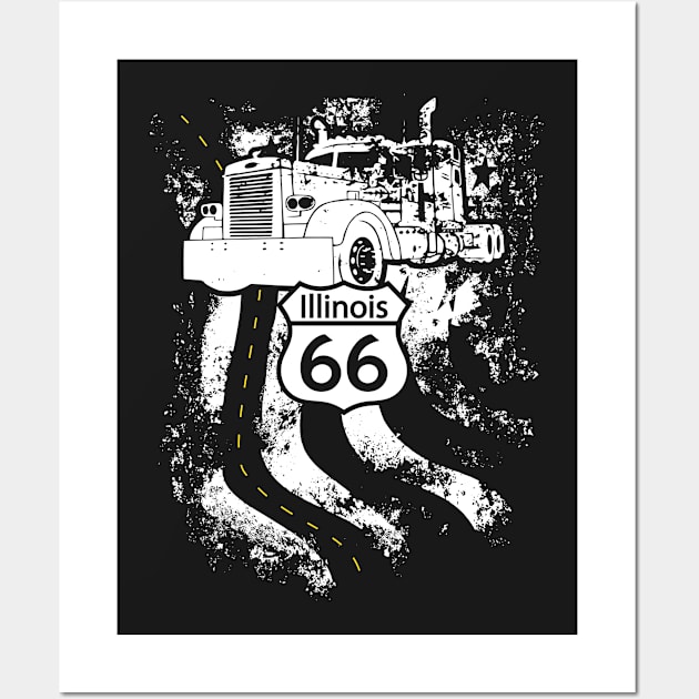 Illinois Route 66 Big Rig Truck and American Flag Wall Art by Xeire